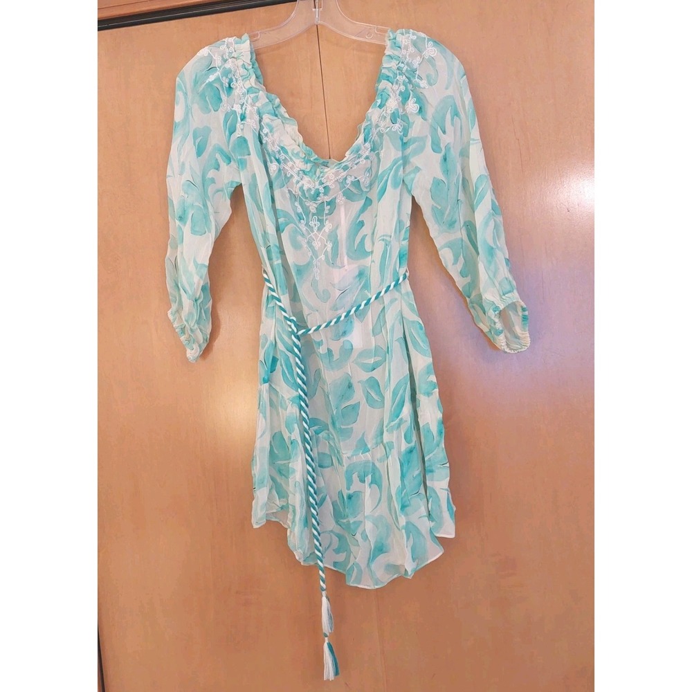 Calypso St. Barth Camille Cover-up Handpainted/Beaded Viscose Turq. S $295 NEW!